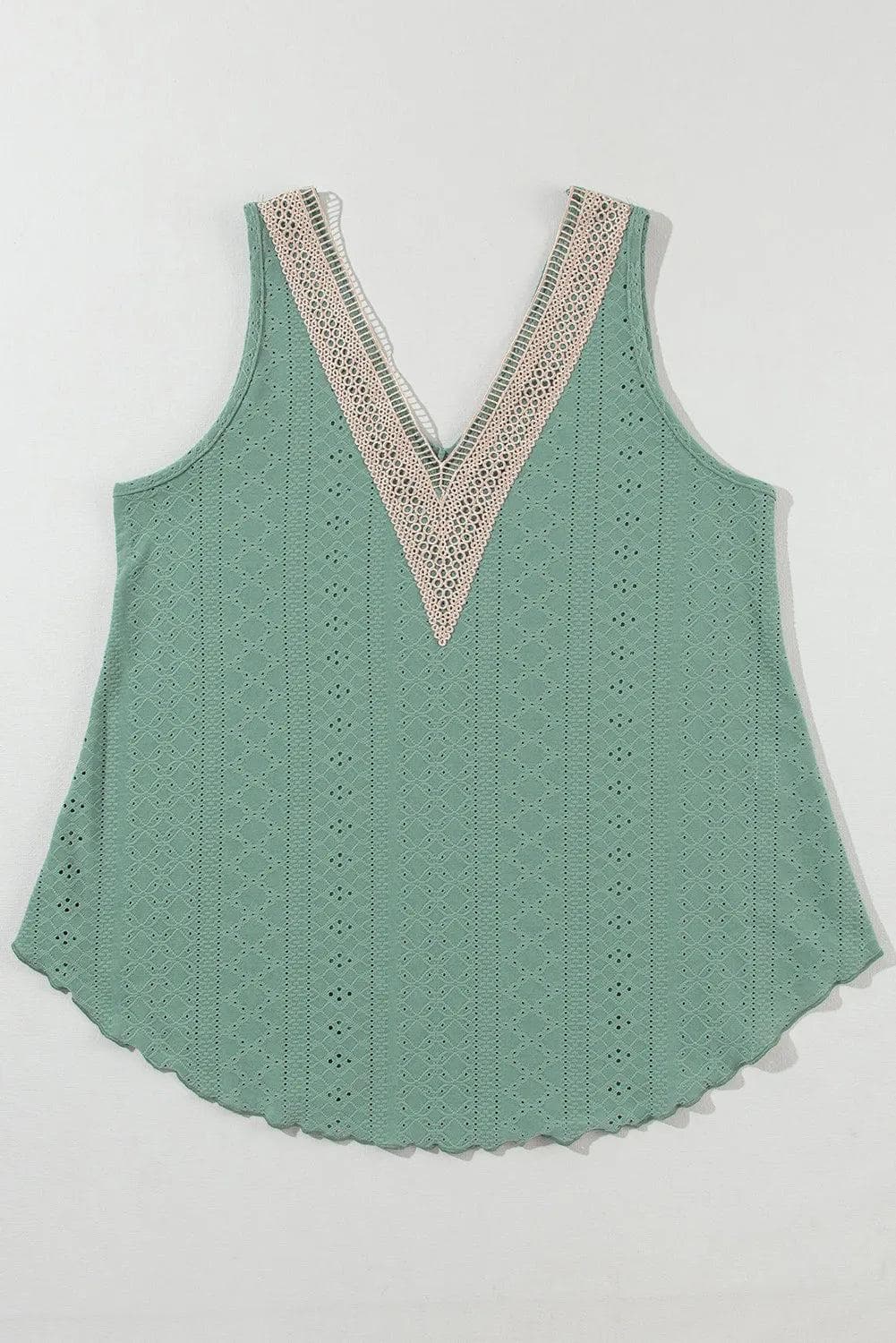 Mist Green Lace Crochet Splicing V Neck Loose Fit Tank Top - Chic Meadow Boutique 