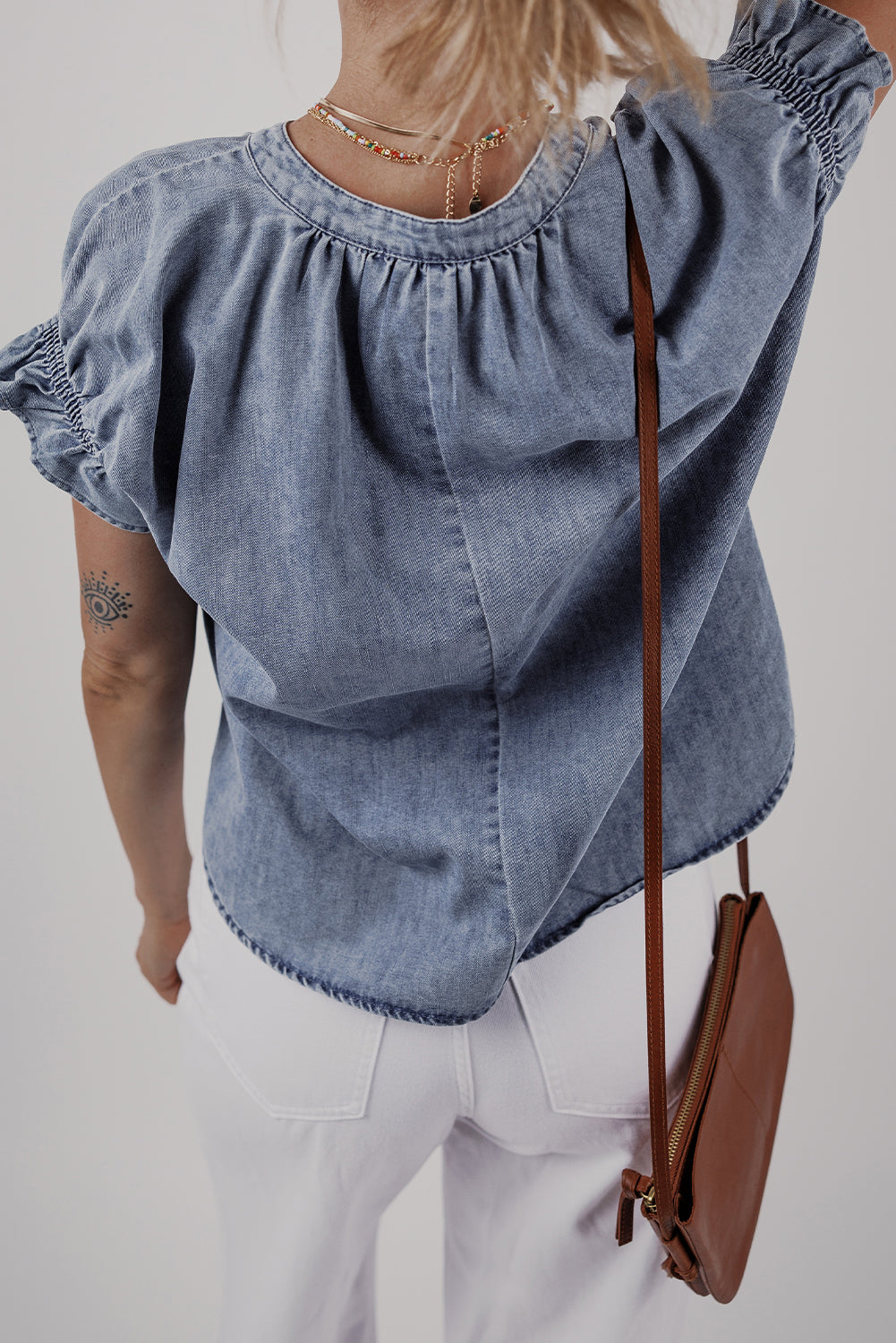 Dusk Blue V Neck Ruffled Short Puff Sleeve Denim Top