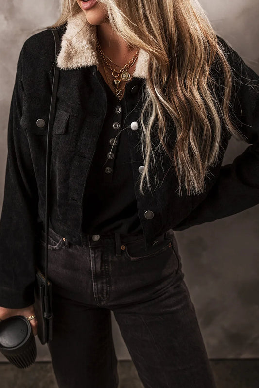 Black Fleece Lined Button-up Collared Corduroy Crop Jacket - Chic Meadow Boutique 