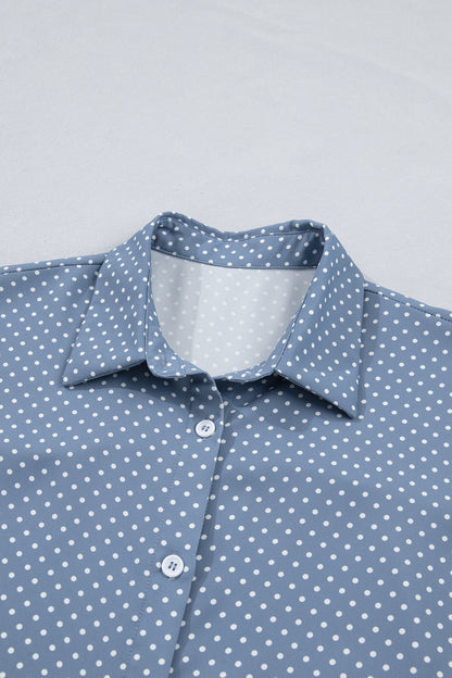 Sky Blue Dotted Print Cuffed Short Sleeve Shirt