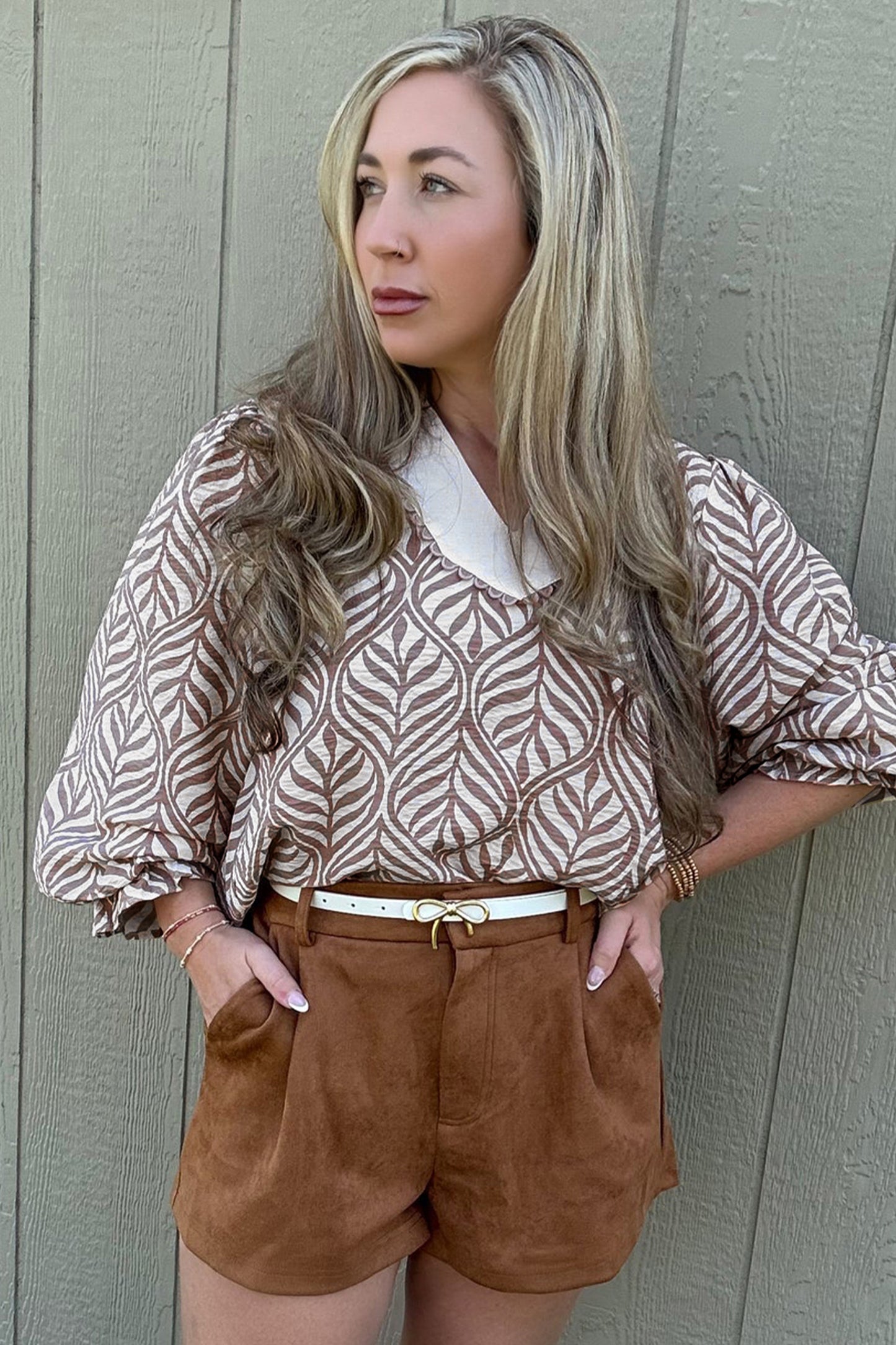 Brown Leaf Print Standing Collar Puff Sleeve Top