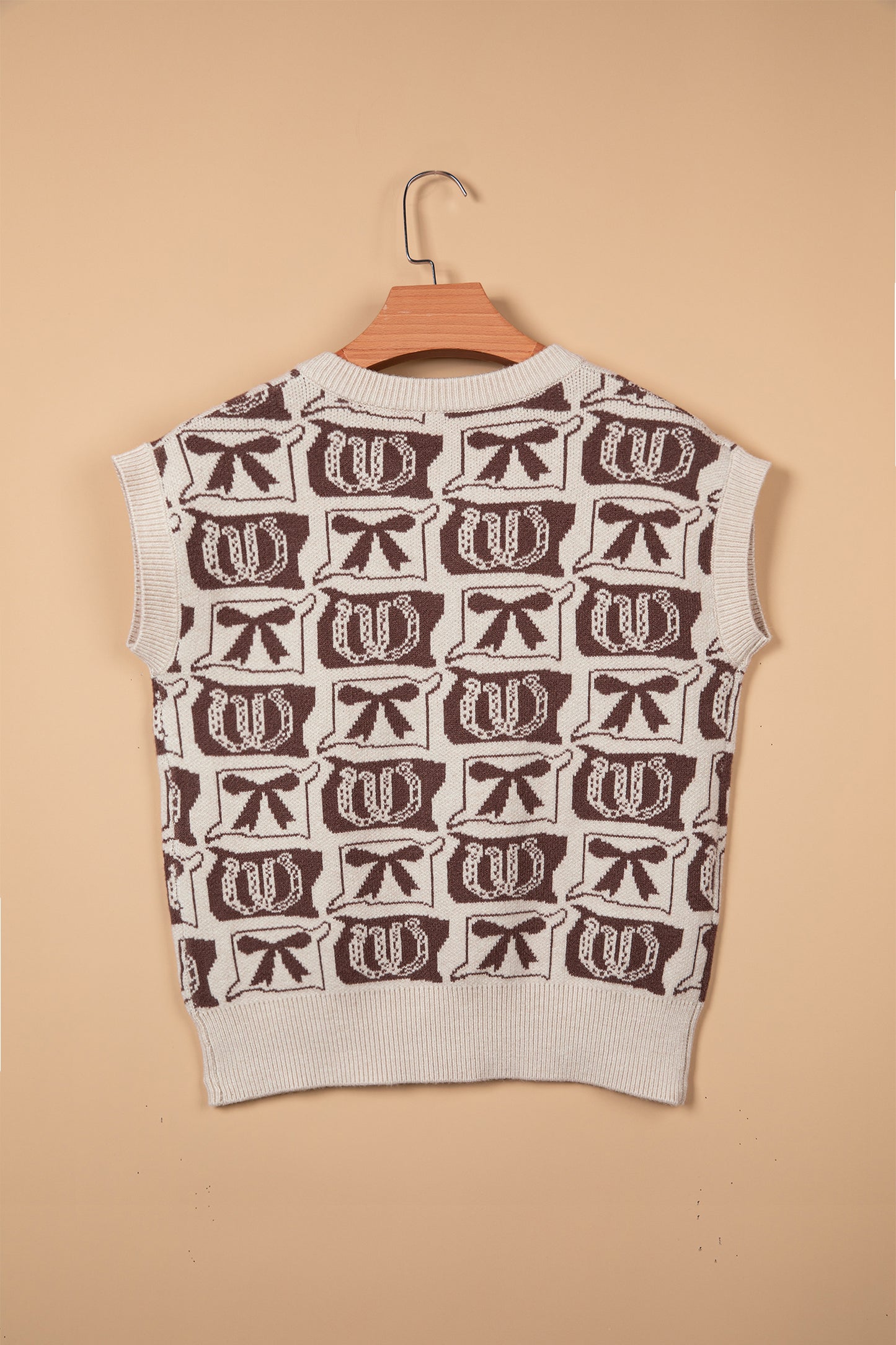 Brown Western Horseshoe Bow Pattern Button Front Sleeveless Knit Sweater