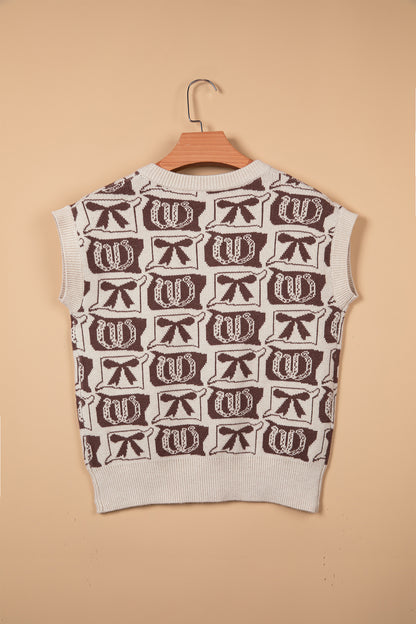 Brown Western Horseshoe Bow Pattern Button Front Sleeveless Knit Sweater