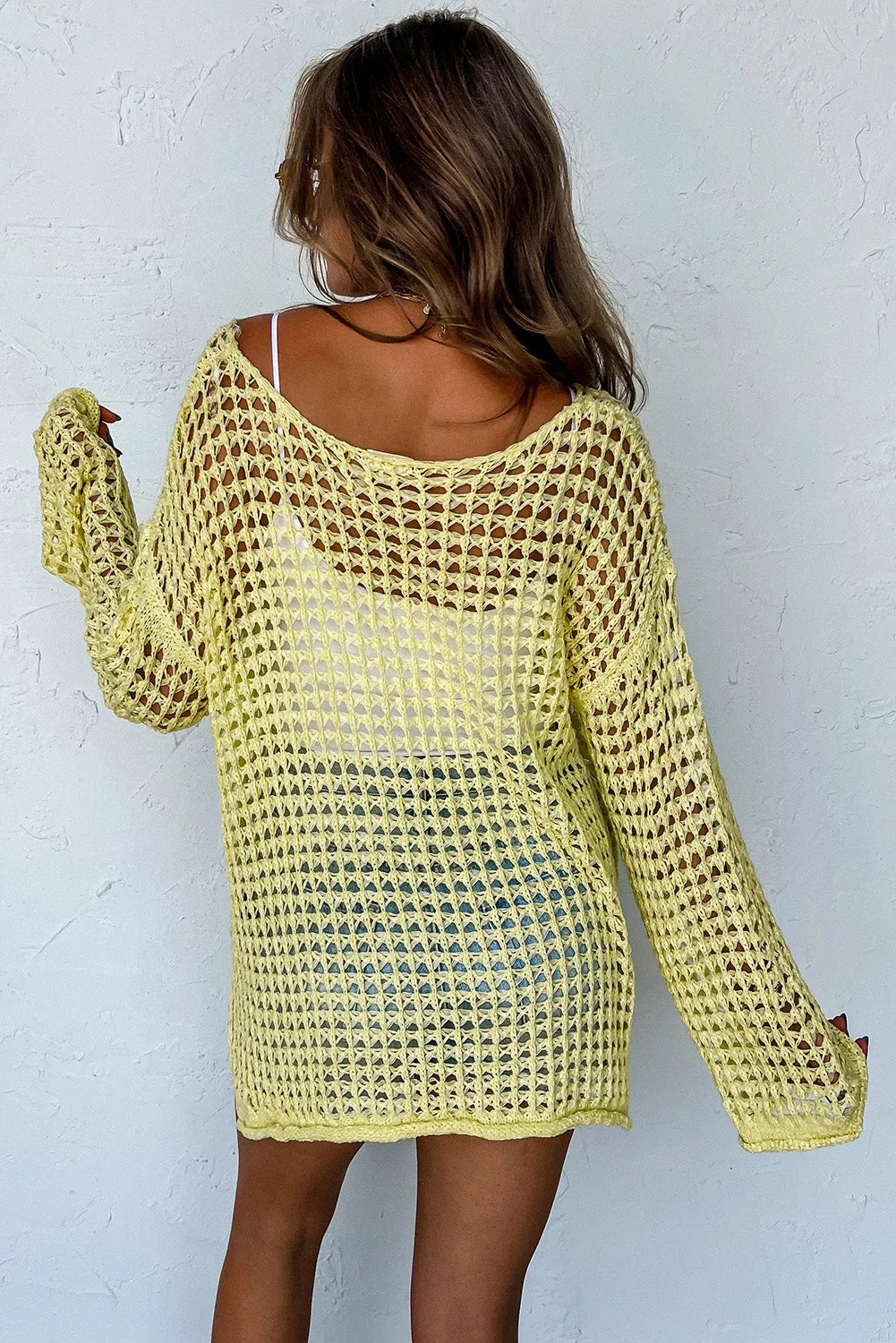 Yellow Open Knit Crochet Bell Sleeve Tunic Sweater - Chic Meadow Boutique 