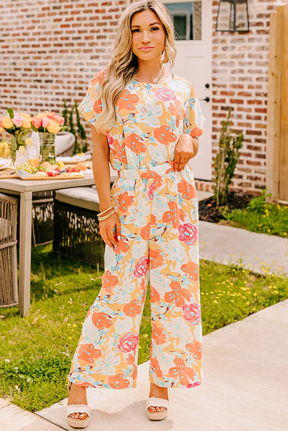 Orange Vibrant Floral Printed Short Sleeve Top 2 Piece Pants Set