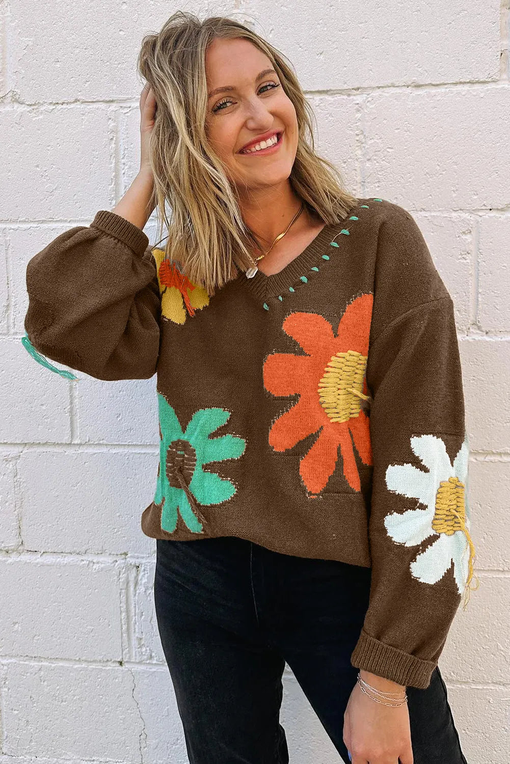 Coffee Big Flower Pattern V Neck Drop Shoulder Sweater - Chic Meadow Boutique 