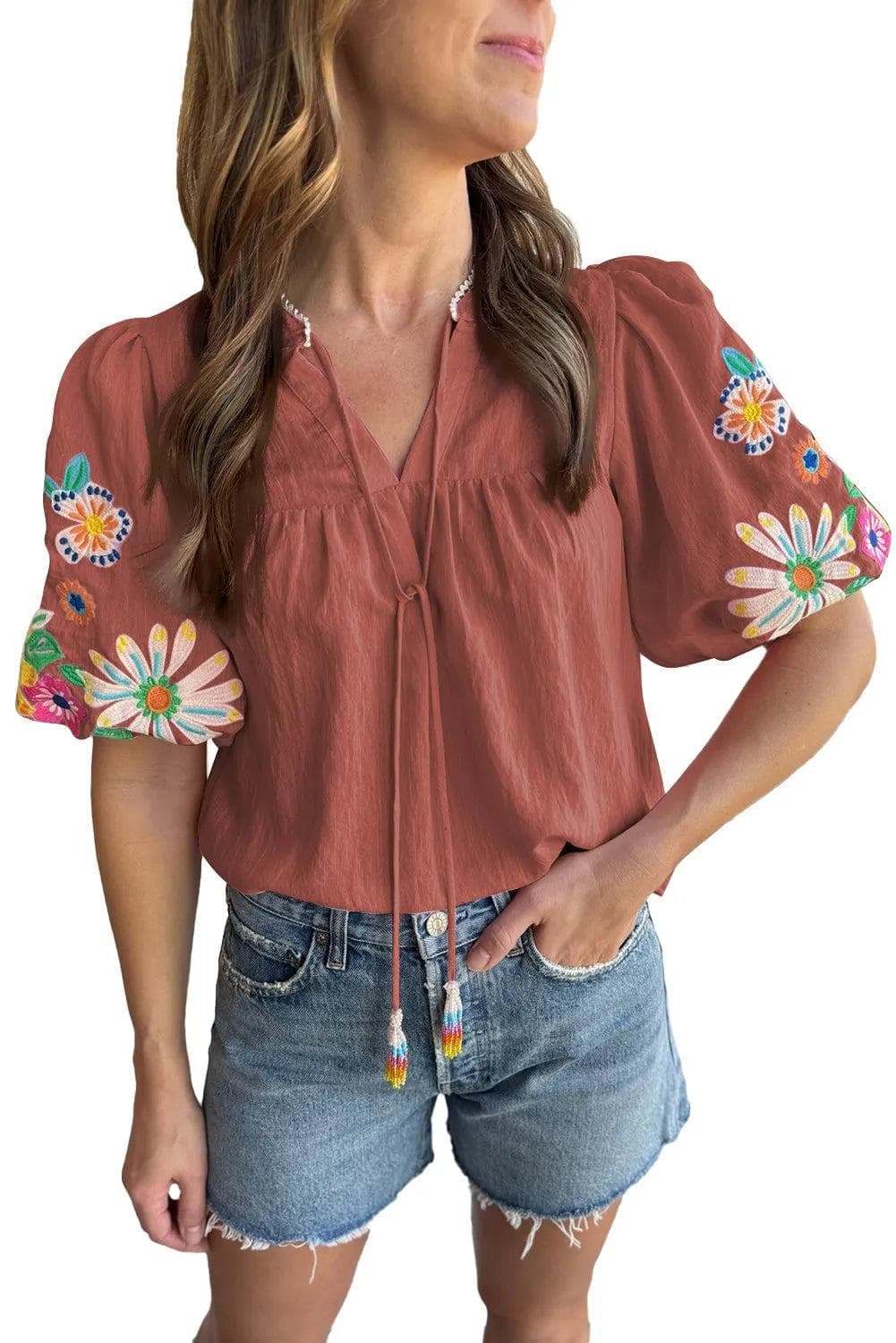 Tops/Blouses & Shirts Mineral Red Floral Embroidered Puff Sleeve Split Neck Blouse