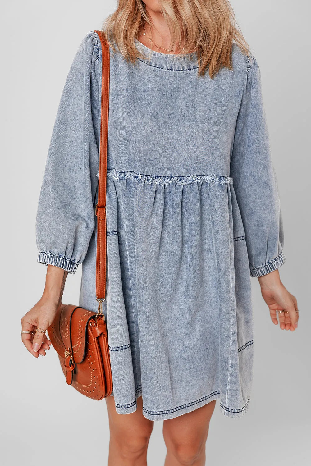 Beau Blue Light Wash High Waist Loose Fit Denim Mini Dress - Chic Meadow Boutique 