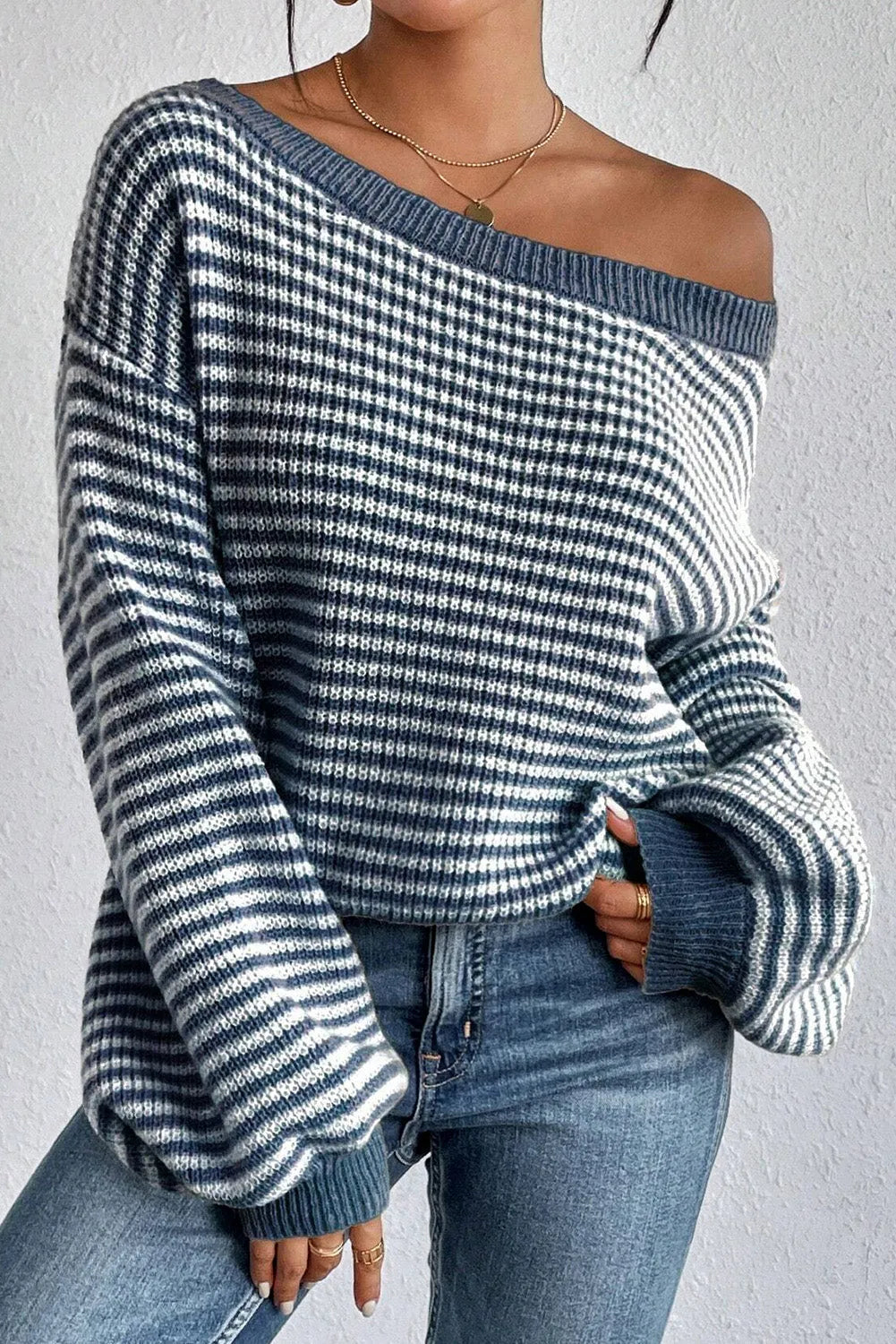 Sail Blue Striped Lantern Sleeve Drop Shoulder Cozy Sweater - Chic Meadow Boutique 