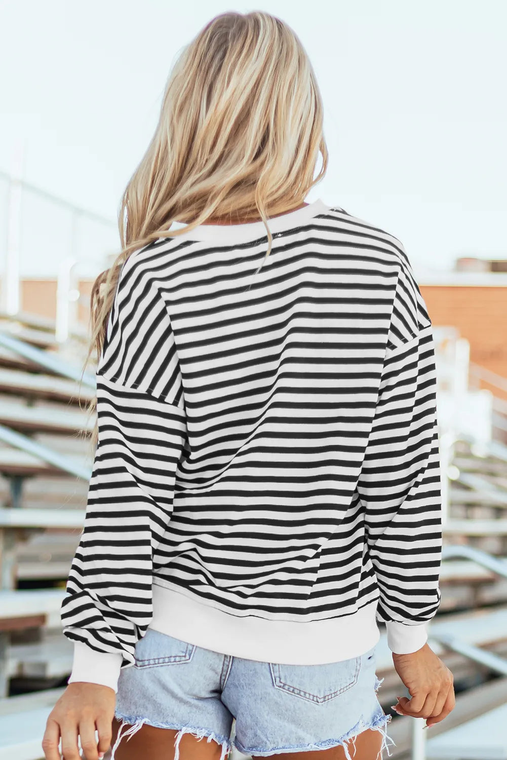 White Stripe Color Block Buttoned Crew Neck Oversized Sweatshirt - Chic Meadow Boutique 