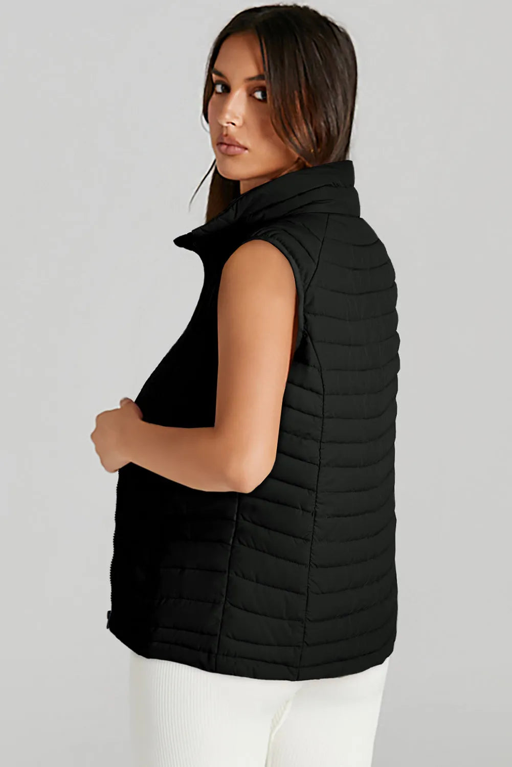 Black Plush Collared Quilted Zipped Puffer Vest - Chic Meadow Boutique 