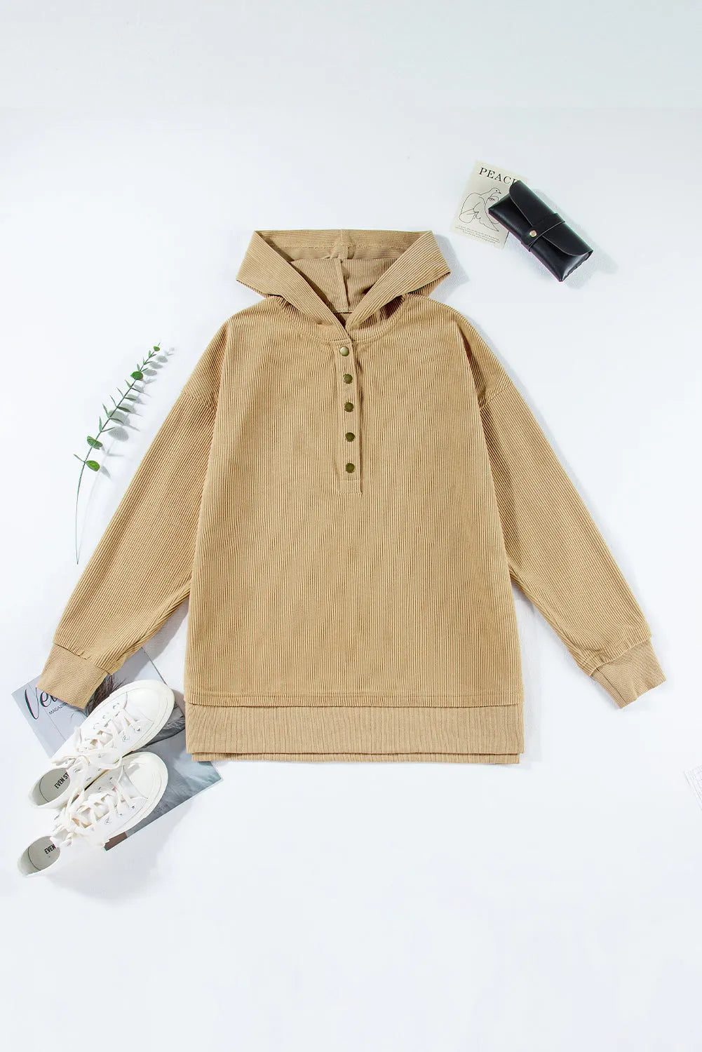 Simply Taupe Solid Ribbed Knit Buttoned Drop Shoulder Oversized Hoodie - Chic Meadow Boutique 