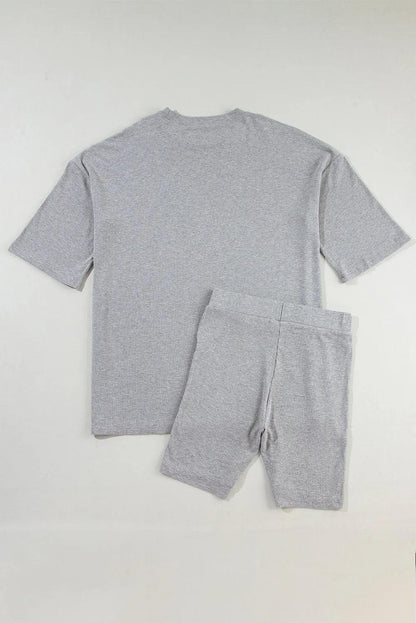 Two Piece Sets/Short Sets Light Grey Solid Color Loose Tunic Top and Slim Shorts Set