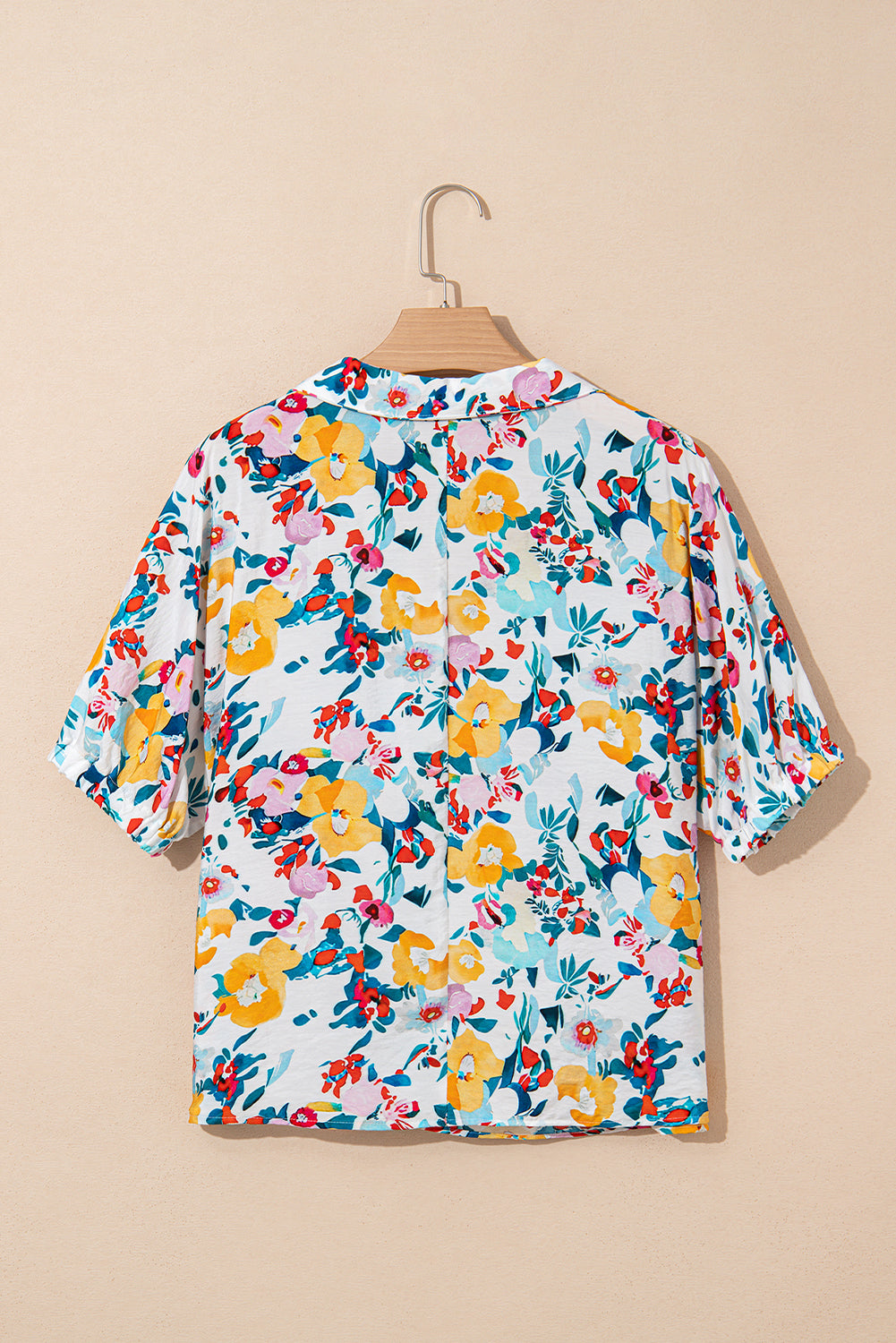 Peacock Blue Floral Print Slit V Neck Short Sleeve Blouse