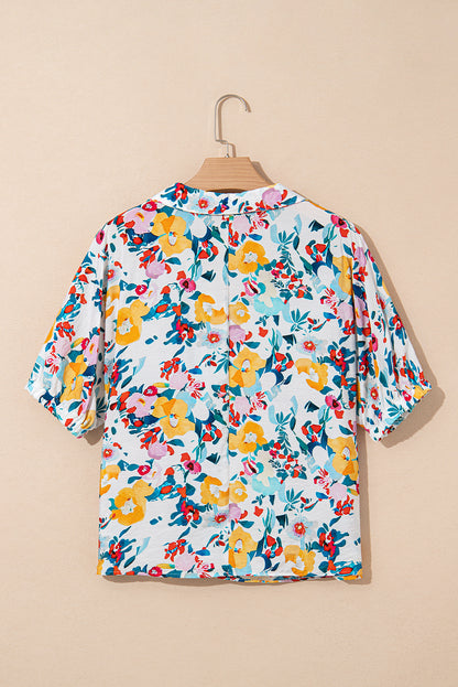 Peacock Blue Floral Print Slit V Neck Short Sleeve Blouse