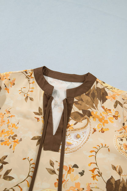 Khaki Paisley Print Tie Neck Long Sleeve Blouse