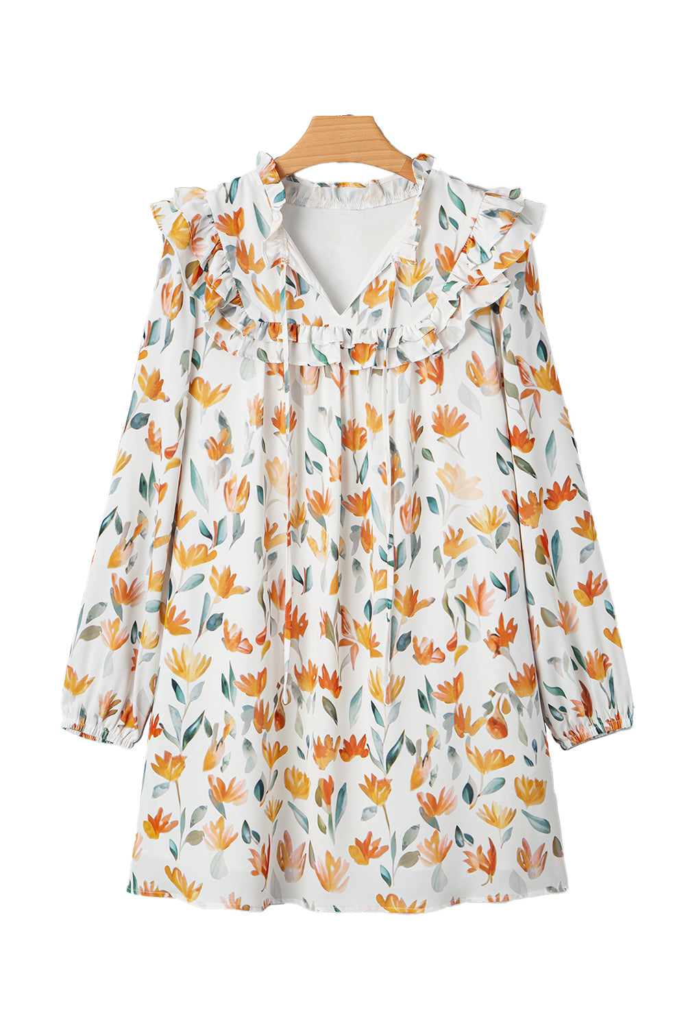 Yellow Floral Print Tie Neck Frilled Detail Long Sleeve Mini Dress