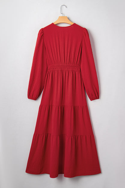 Racing Red Contrast Embroidered Detail Cinched Waist Tiered Long Sleeve Maxi Dress
