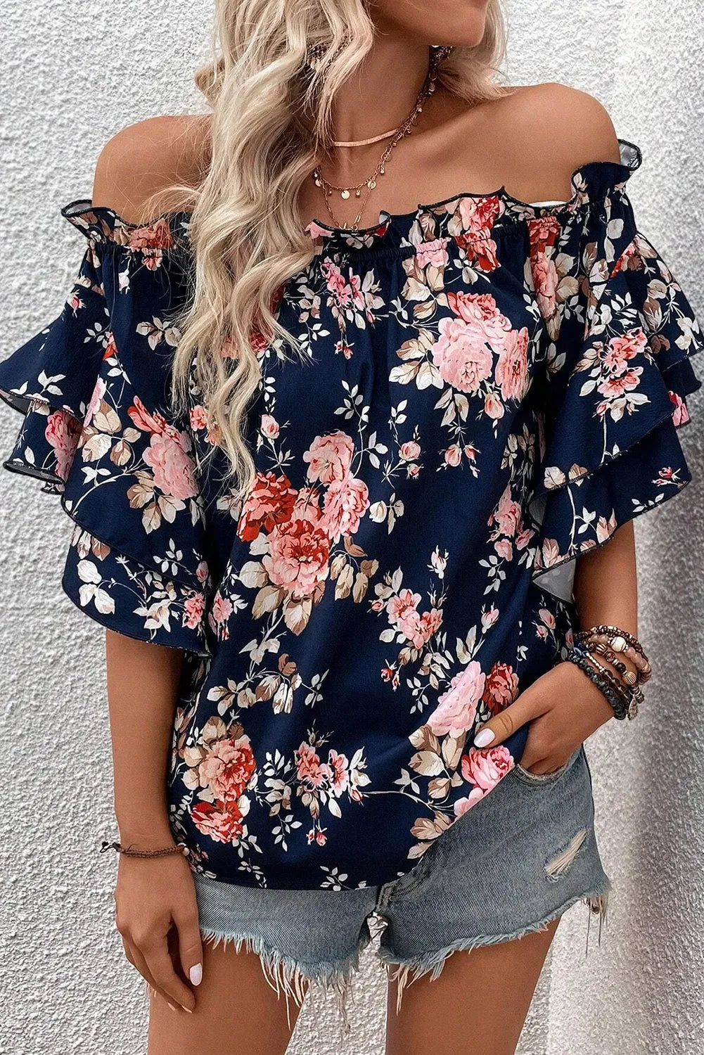 Blue Ruffle Off Shoulder Flounce Sleeve Floral Blouse - Chic Meadow Boutique 