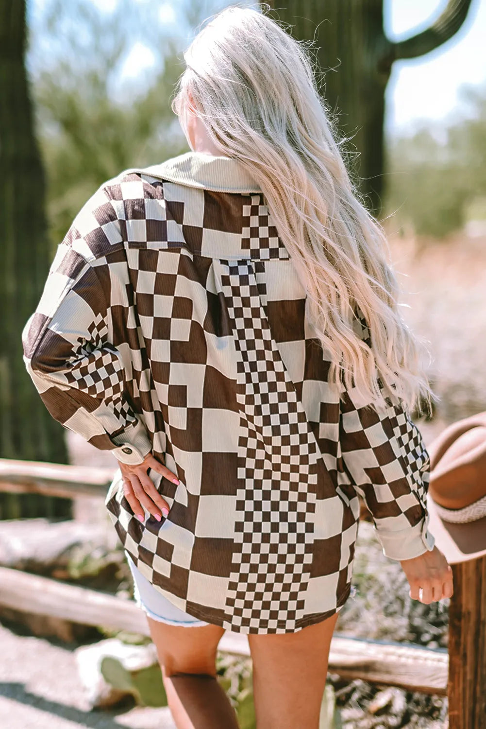 Brown Checkered Print Patchwork Corduroy Shacket - Chic Meadow Boutique 