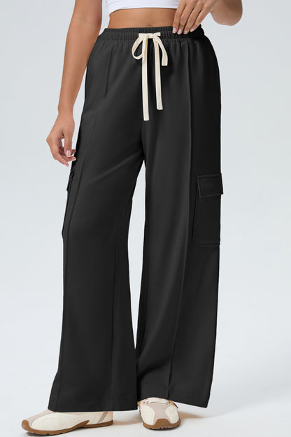 Black Solid Color Drawstring Elastic Waist Cargo Patch Pocket Active Pants