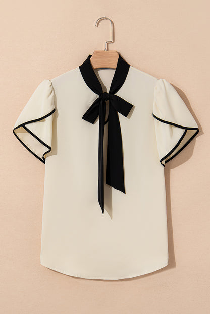 White Bow Knot Neckline Contrast Stripe Short Sleeve Blouse