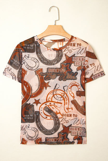 Brown Western Horseshoe Printed Mesh T Shirt