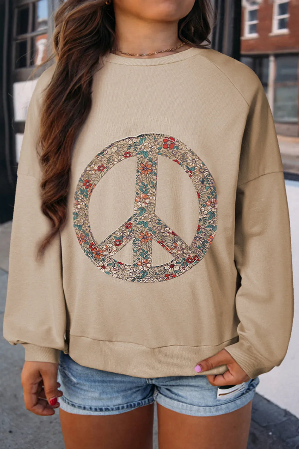 Pale Khaki Floral Peace Sign Graphic Washed Terry Plus Size Sweatshirt - Chic Meadow Boutique 