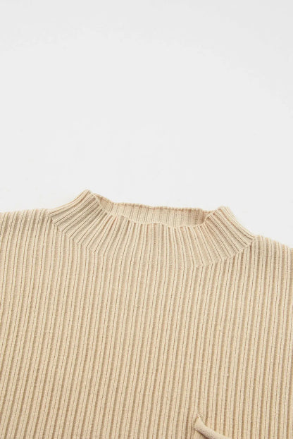 Oatmeal Patch Pocket Ribbed Knit Short Sleeve Sweater - Chic Meadow Boutique 