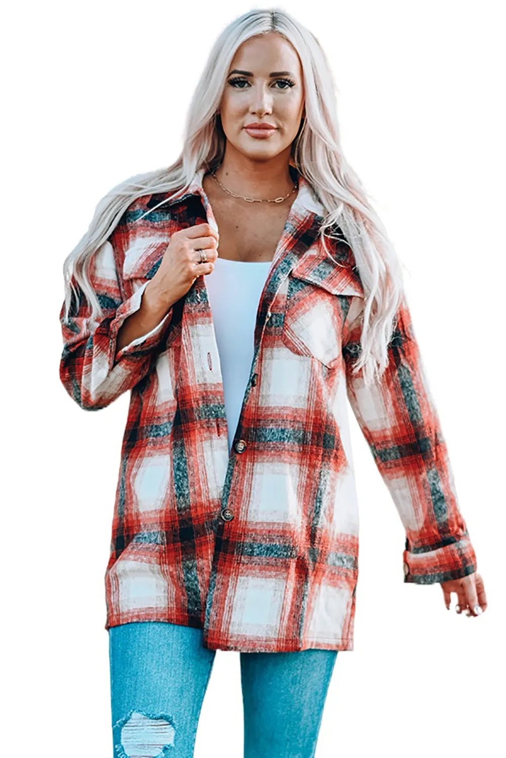 Red Turn down Neck Plaid Pocket Button Closure Coat - Chic Meadow Boutique 