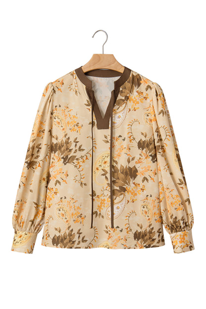 Khaki Paisley Print Tie Neck Long Sleeve Blouse