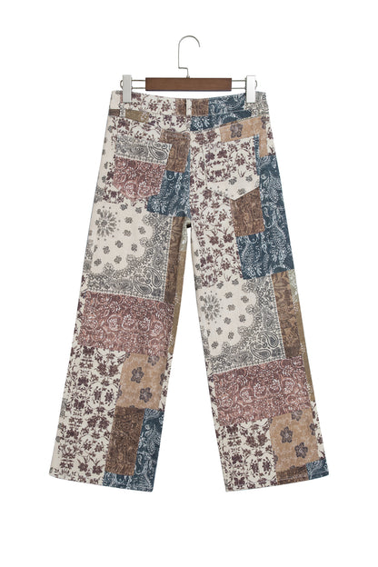 Khaki Patchwork Print Casual Shift Jeans