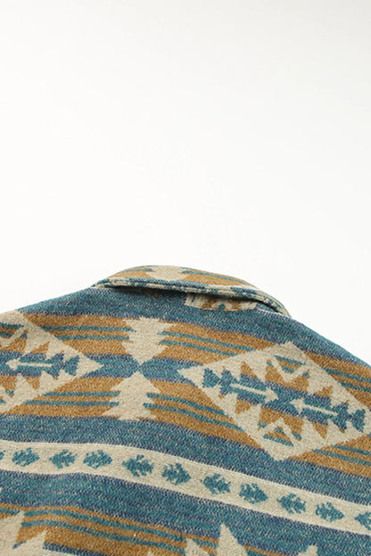 Blue Western Aztec Print Button Flap Pocket Shacket - Chic Meadow Boutique 