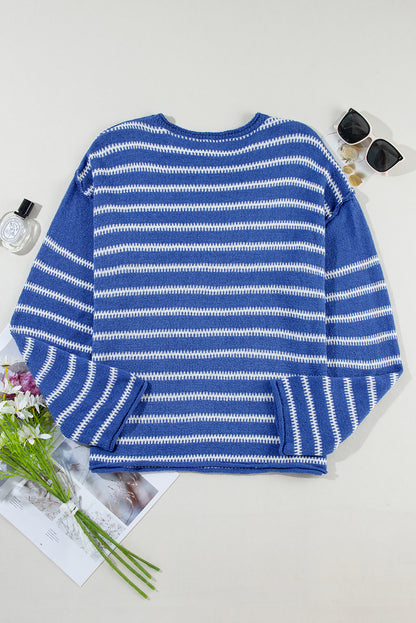 Sky Blue Stripe Drop Shoulder Casual Sweater - Chic Meadow Boutique 