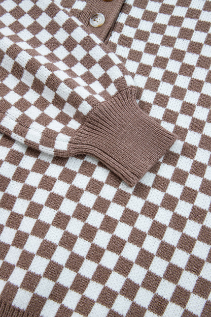 Dark Brown Half Button Ribbed Trim Checkerboard Knit Sweater