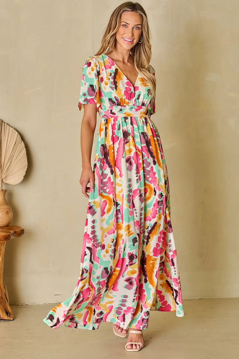 Pink Boho Tie-dye Print V Neck Maxi Dress - Chic Meadow Boutique 