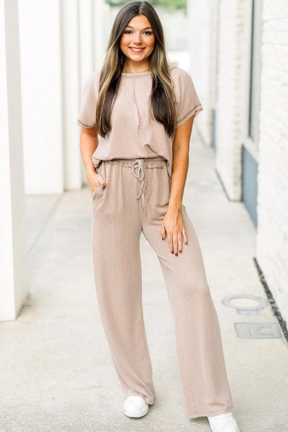 Two Piece Sets/Pant Sets Parchment Exposed Seam Ribbed Tee and Pants Two-piece Outfit