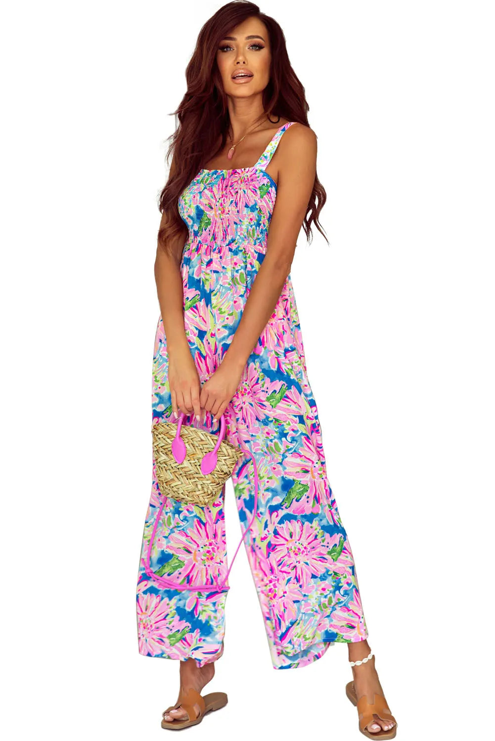 Pink Abstract Floral Painting Smocked Wide Leg Jumpsuit - Chic Meadow Boutique 