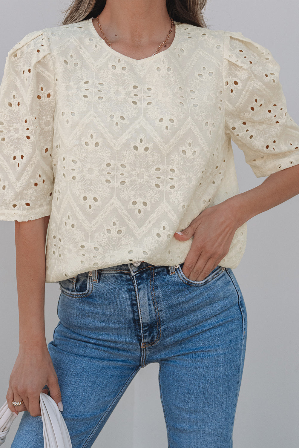 Beige Eyelet Embroidered Half Sleeve Casual Blouse