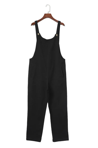 Black Button Straps Pocketed Cropped Jumpsuit - Chic Meadow Boutique 