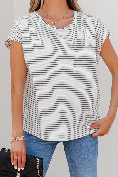 White Stripe Cap Sleeve Crew Neck Casual Tee with Chest Pocket