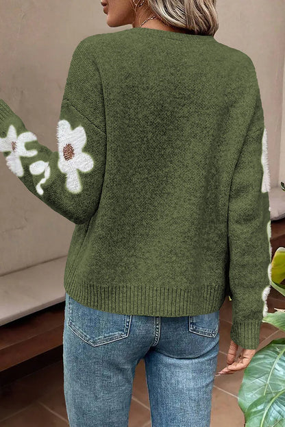 Moss Green Flower Sleeve Drop Shoulder Sweater - Chic Meadow Boutique 