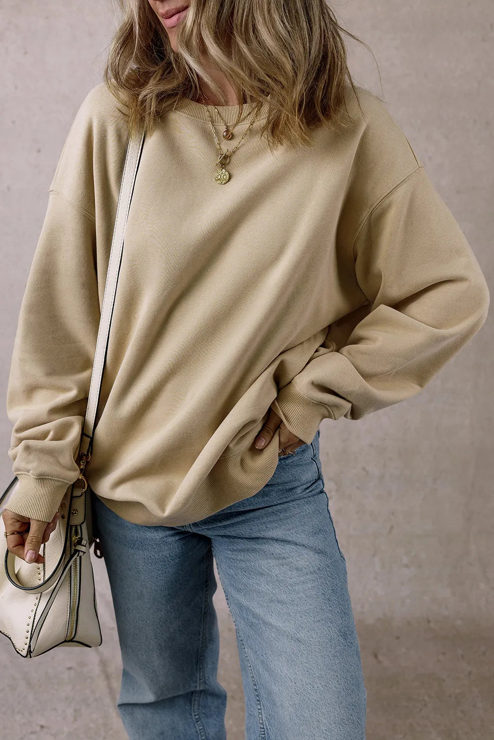 Parchment Solid Fleece Lined Crew Neck Casual Sweatshirt - Chic Meadow Boutique 