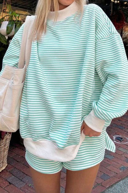 Green Stripe Oversize Mock Neck Sweatshirt and Shorts Set