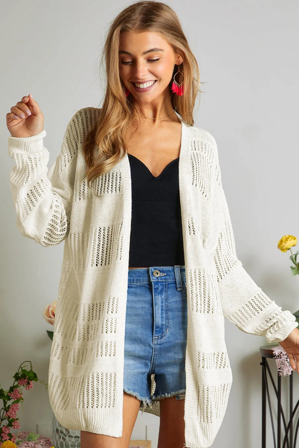 White Solid Color Lightweight Open Knit Tunic Cardigan - Chic Meadow Boutique 