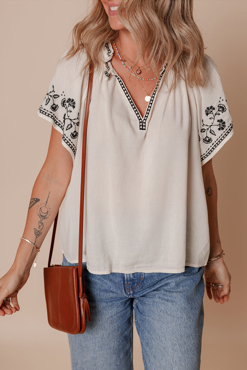 White Floral Embroidered Short Sleeve V Neck Blouse