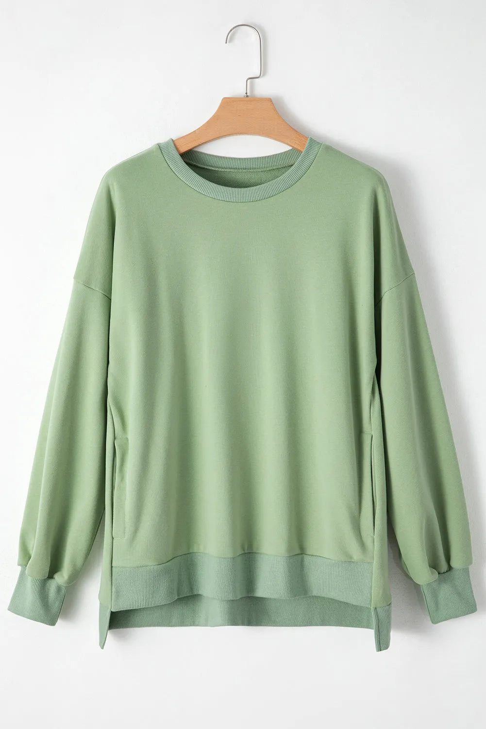 Smoke Green Solid O Neck High Low Hem Pullover Sweatshirt - Chic Meadow Boutique 