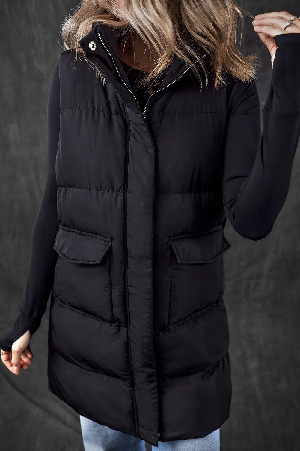 Black Windproof Longline Full Zipper Puffer Vest with Pockets - Chic Meadow Boutique 