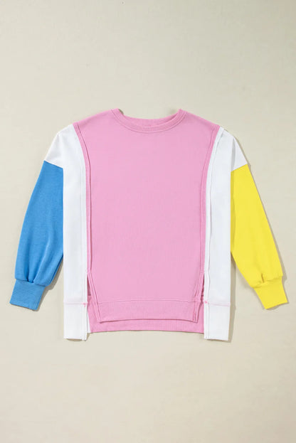 Bonbon Color Block Exposed Seam Side Slits Crewneck Sweatshirt - Chic Meadow Boutique 