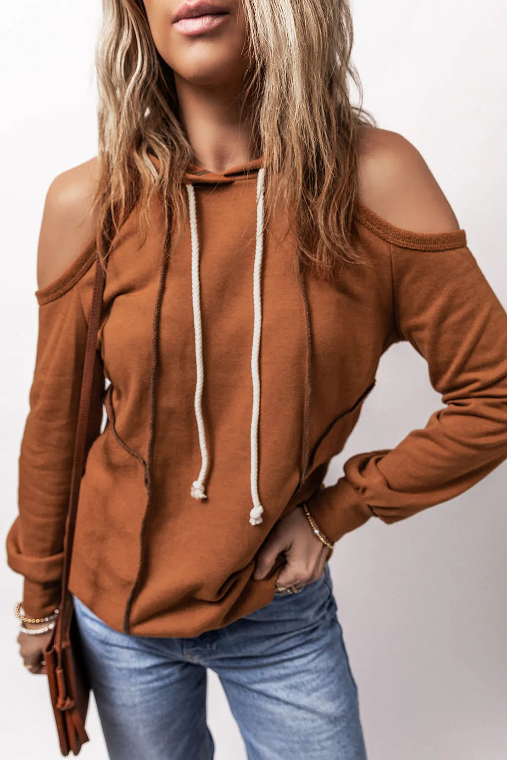 Cinnamon Exposed Seam Cold Shoulder Drawstring Hoodie - Chic Meadow Boutique 